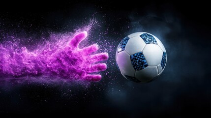 Naklejka premium Soccer ball caught mid impact as it enters a glowing dynamic energy field with waves of light and particle effects creating a futuristic abstract sports action scene