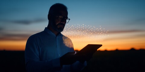 Smart Agriculture Vision Male Professional Engaging with Digital Tablet near Cornfield under Dusk Skies - Precision Farming and Agritech Innovation for Enhanced Crop Monitoring