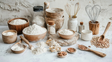 Baking tools and ingredients like flour, sugar, and spices arranged beautifully. Perfect for culinary inspiration and baking projects
