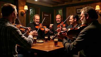 Fototapeta premium Inside a rustic Irish tavern, musicians play fiddles and accordions, filling the candlelit room with joyful melodies, warm wood tones, and an authentic, vibrant atmosphere.