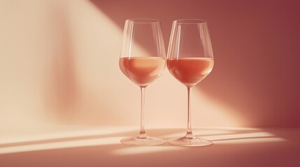 Two Vine glasses filled with white wine on peach background