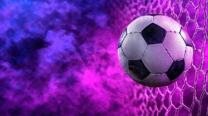 Fototapeta premium Soccer ball striking the goal net surrounded by glowing lights in a dynamic sports arena setting Concept of goal scoring competition