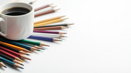 creative workspace featuring coffee cup surrounded by colored pencils, inspiring artistic expression