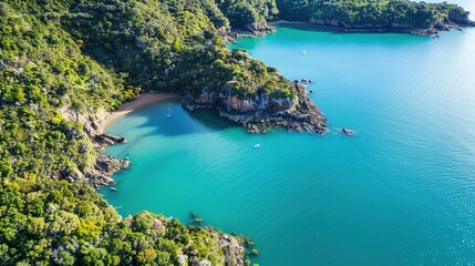 Obraz premium A captivating scenic coastal lagoon embraced by lush green cliffs and filled with crystal clear water. The lagoon presents a harmonious blend of natural beauty, with the verdant cliffs and transparent
