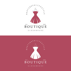Boutique fashion logo. Mannequin dress and handbag on pink background.Women's clothing logo with hanger, luxury clothes.Logo for business,boutique,fashion shop,model,shopping and beauty.