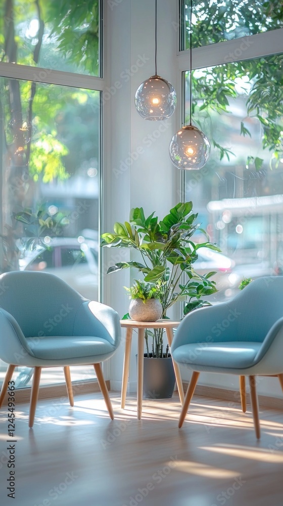 Poster sunlight streams through large windows, illuminating a charming nook with soft blue chairs, a wooden