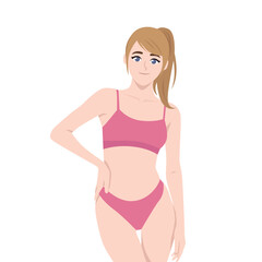 Fototapeta premium Woman in a sports bra and underwear, embracing natural beauty, confidence, and self care. Flat vector character illustration