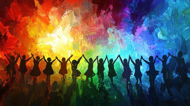Naklejki Joyful children dance, vibrant rainbow background, unity, celebration, stock photo