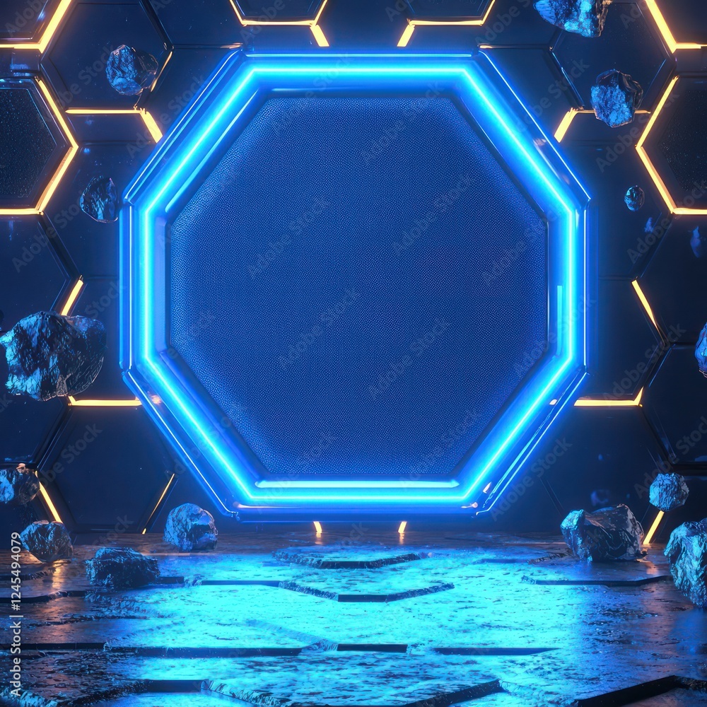 Aufkleber dynamic hexagonal frame with multi-layer neon blue glowing edges surrounds a 3d suspended fabric pat