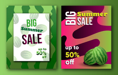 Sale poster, flyer with watermelons, green background. Light and dark green stripes of watermelon. illustration