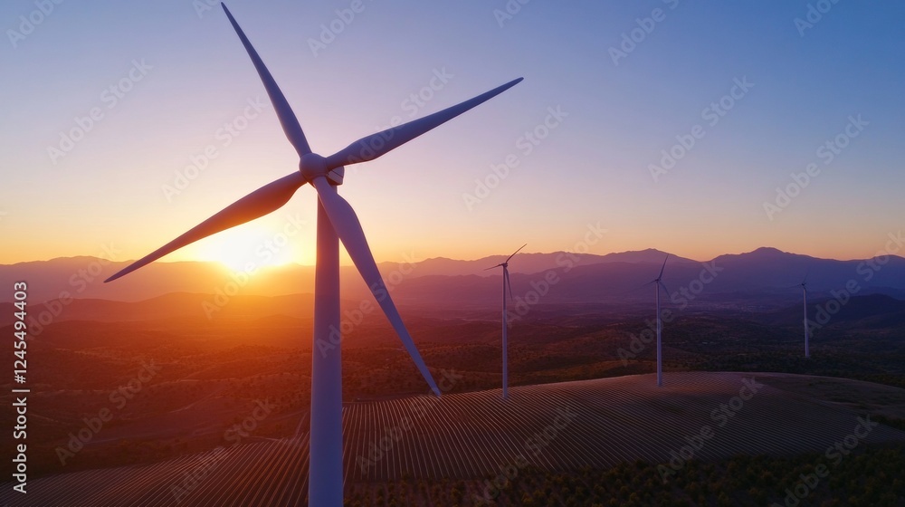 Poster modern sunset grid industrial documentation of wind turbines and transmission towers - sustainable p