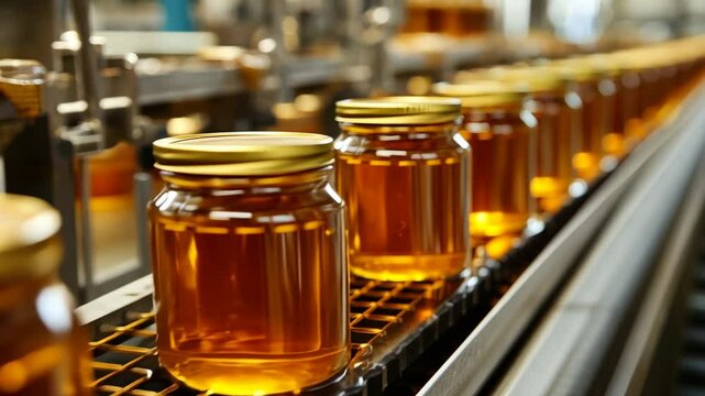 Jars of honey progressing seamlessly on automated factory conveyor