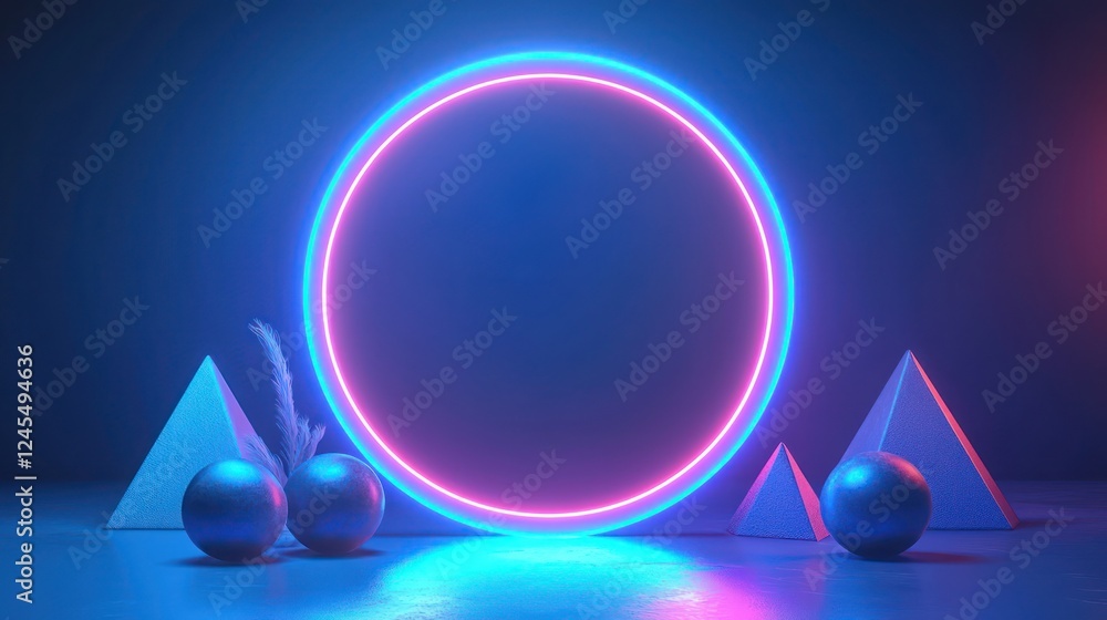 Poster primitive spheres and pyramids within a circular layered neon blue frame showcase a badge mockup in 