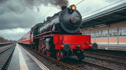 Fototapeta premium Vintage Steam Locomotive Train Traveling on Railroad Tracks Through Scenic Countryside Landscape with Dramatic Cloudy Sky Background