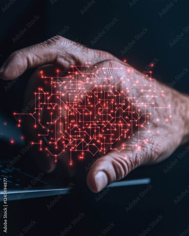 Poster Futuristic Cybersecurity Visualization Hackers Hands with Digital Circuit Overlay and Lock Icons - Interactive Data Protection for Tech-savvy Businesses