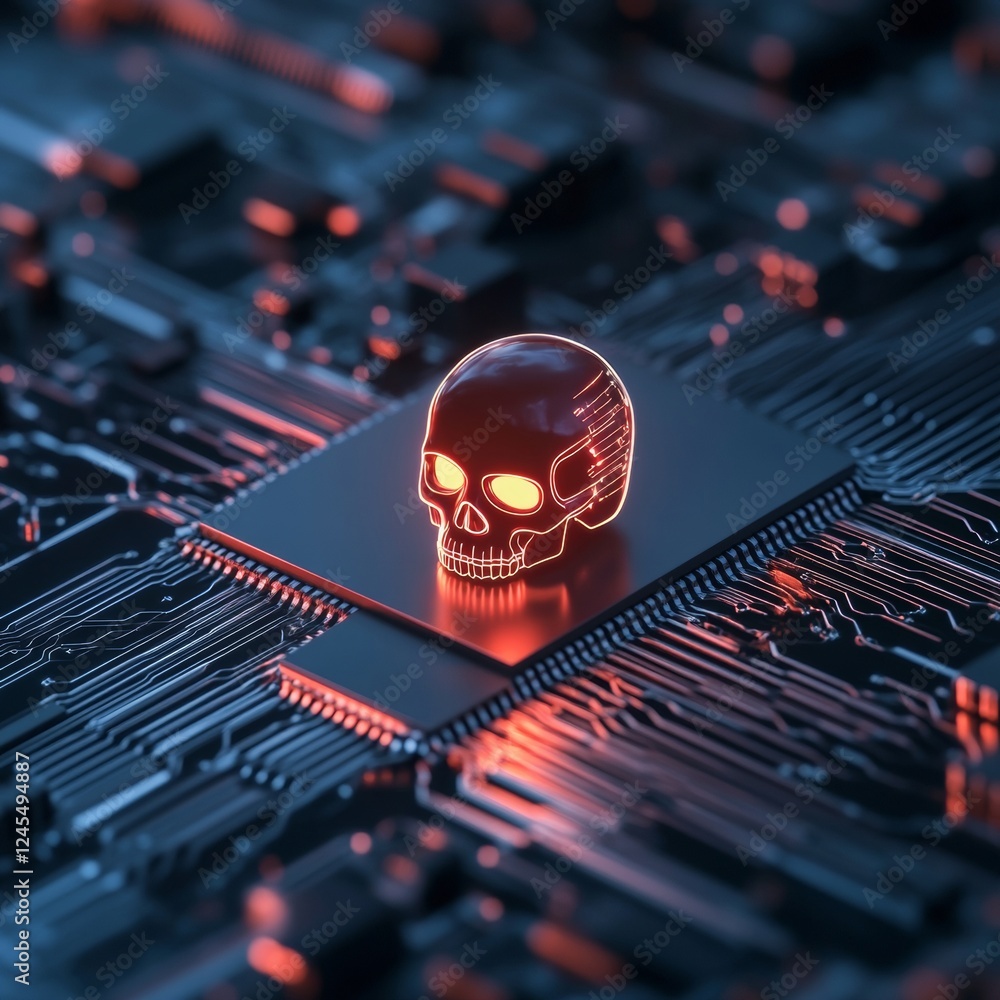 Aufkleber cybernetic aesthetic illuminated circuit board with neon skull icon - digital security imagery for i