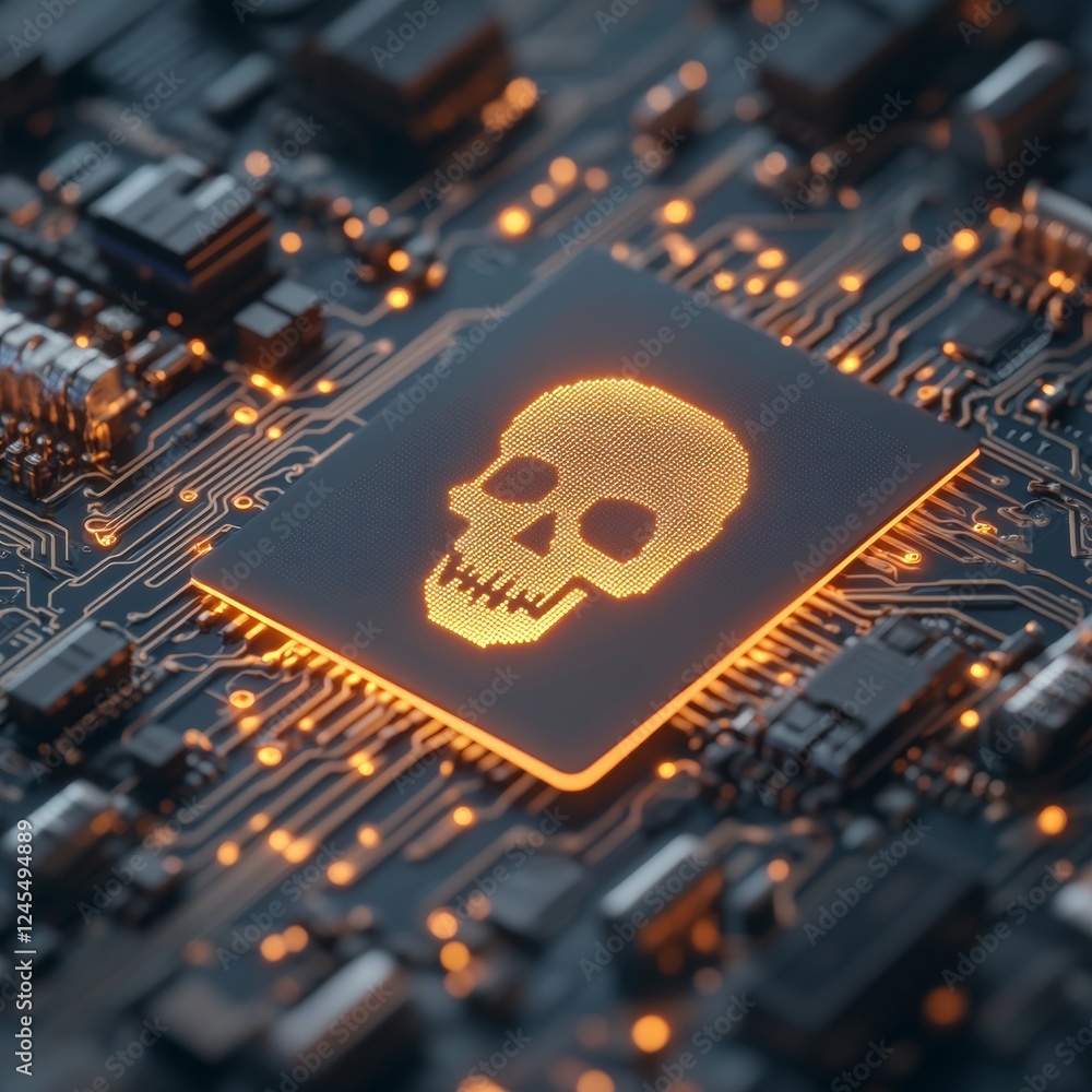 Leinwandbilder Cyberpunk Circuit Board Artistry Illuminated Skull Overlay on PCB - Advanced Cybersecurity Visuals and Anti-Virus Software Branding for Tech-Forward Enterprises