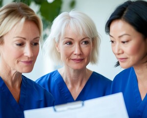 Contemporary Collaborative Healthcare Diverse Young Professionals in Blue Scrubs Reviewing Charts in Biophilic Hospital Room - Trust and Innovation in Medical Settings