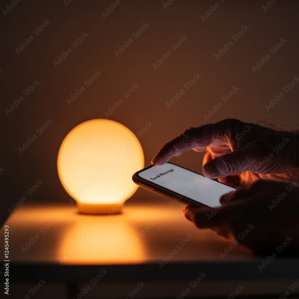 Poster warm tech connection elderly hand with smartphone - cozy minimalist design and digital inclusion in 