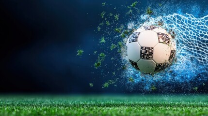 Fototapeta premium Soaring soccer ball mid air rushing towards the goal surrounded by dynamic movement and energy on a lush green field against a blurred blue background