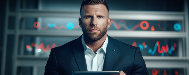 Strategic Mind: A confident businessman in a sharp suit stands resolutely before a backdrop of dynamic data visualizations, his gaze unwavering as he navigates the complexities of modern business. 