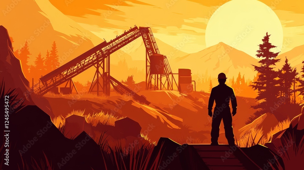 Poster silhouette of a worker overlooking a mining site at sunset with mountains and trees in the backgroun