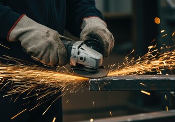 worker working with a circular grinder on a metal with sparks