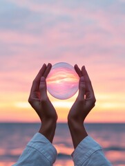 Ethereal Sunset Energy Sphere Healing Hands Embrace Crystal Ball - Wellness Marketing Visual and Alternative Therapy Promotion for Modern Holistic Practices