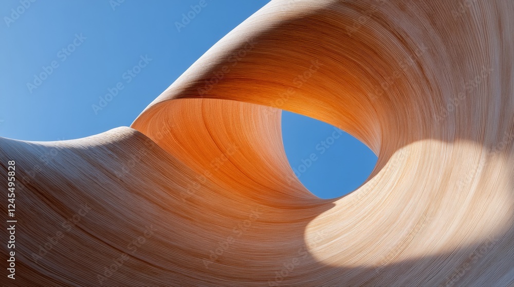 Aufkleber dynamic fluid architecture curved wooden structure against blue sky - innovative design content and 