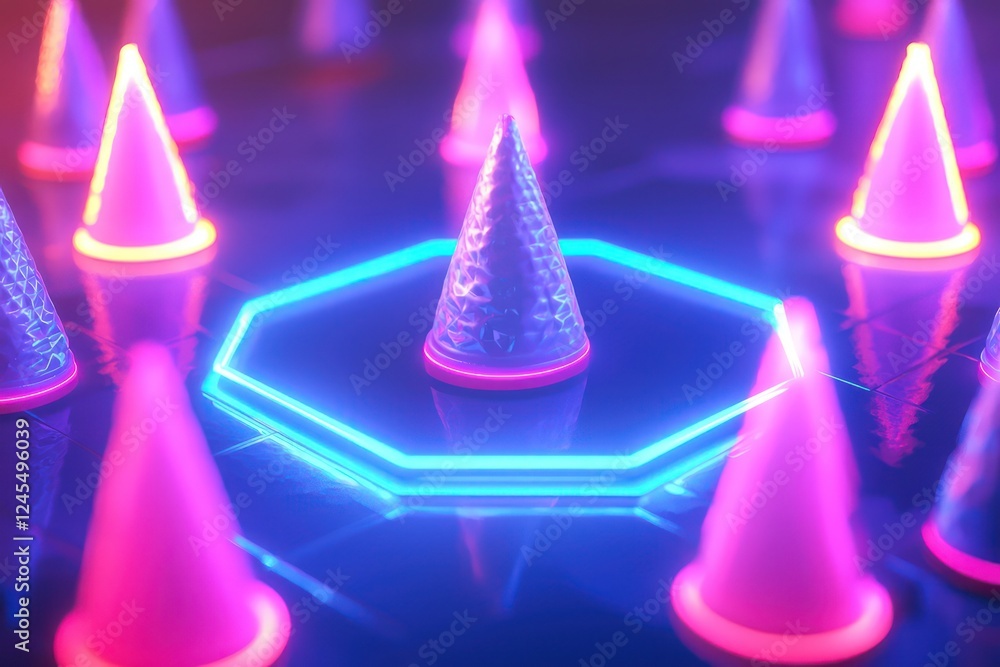 Poster split triangular neon blue podium with alternating glowing tiers highlights a minimalist badge mocku