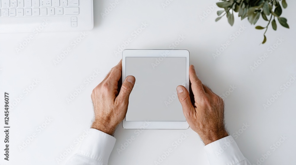 Aufkleber Minimalist Digital Workspace Mans Hands Typing on Tablet with Analytical Graphs - Business Innovation and Data Visualization Tools for Modern Financial Analysis