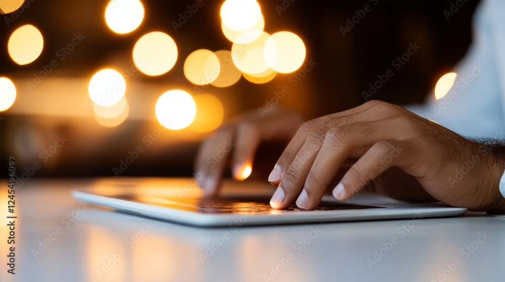 Poster Ambient Workspace Aesthetic Hands Typing on Tablet with Financial Graphs - Modern Data Analysis Content and Agile Business Solutions