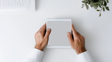 Minimalist Digital Workspace Mans Hands Typing on Tablet with Analytical Graphs - Business Innovation and Data Visualization Tools for Modern Financial Analysis