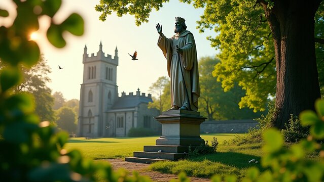 A majestic statue of St. Patrick surrounded by lush shamrocks, golden sunlight, and an old stone church in the background, evoking reverence and timeless Irish heritage.
