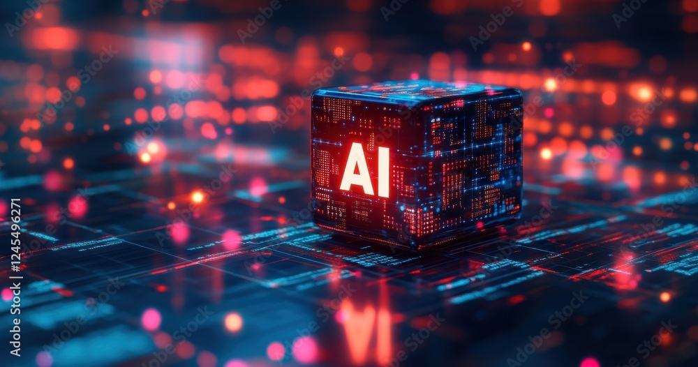 Poster abstract 3d representation of artificial intelligence with glowing elements, colorful data backdrop,