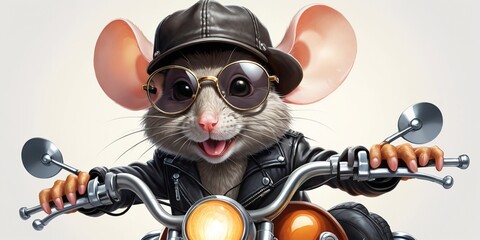 A mouse on a motorcycle and wearing glasses