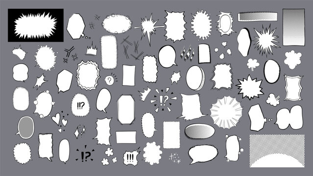 Big set of speech bubbles and design elements for manga/comics in hand drawn style. Vector text boxes of various shapes