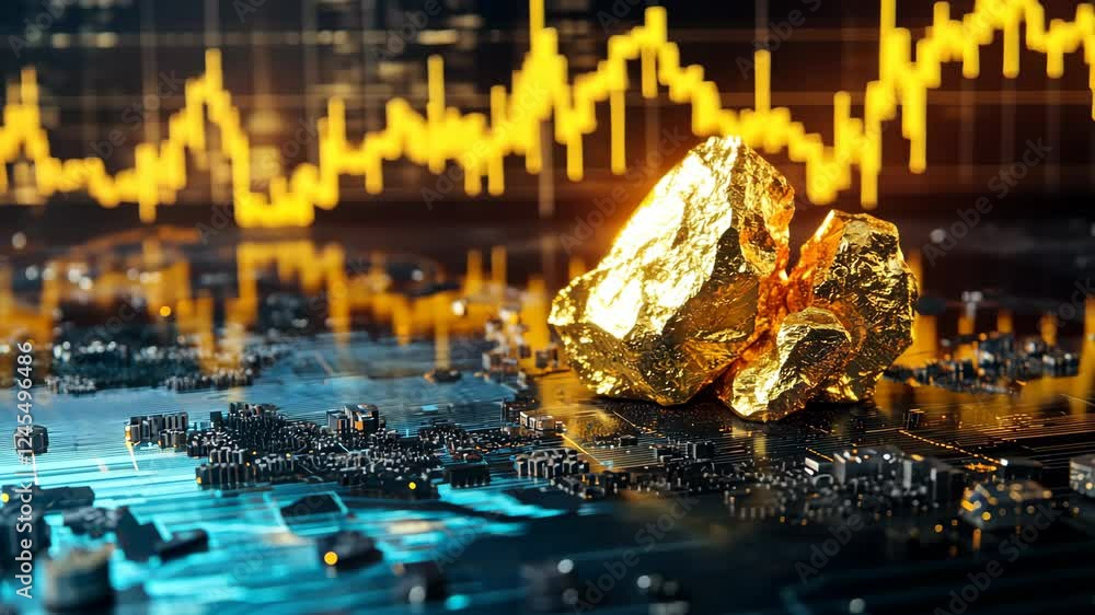 Aufkleber golden nugget on circuit board with rising data graph in background