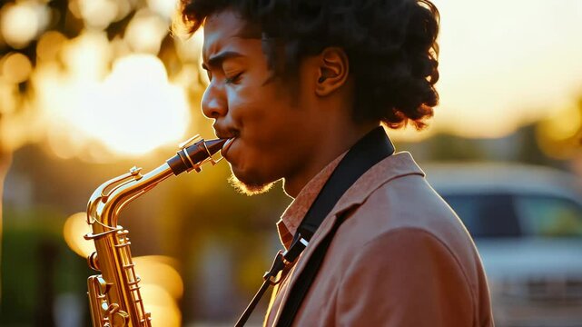 Sunset jazz serenade with saxophonist immersed in melodic bliss