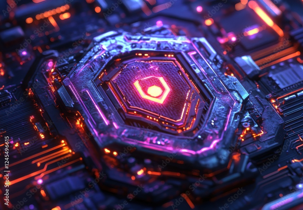 Poster abstract close-up of a futuristic circuit board with intricate details, colorful lights, and a uniqu