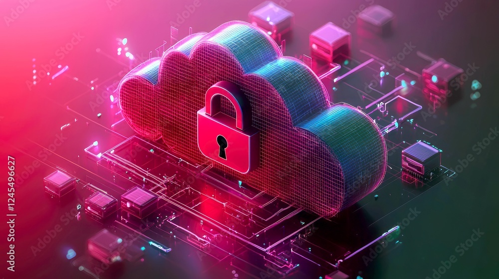 Poster cybersecurity: protecting your data in the cloud. a digital illustration of a secure cloud server, s