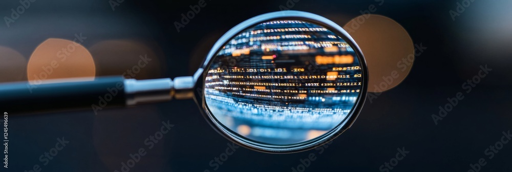 Poster Cybersecurity Aesthetic Binary Code Matrix with Magnifying Tool on Dark Interface - AI Data Analysis and Threat Detection in Digital Forensics for Enhanced Security Solutions