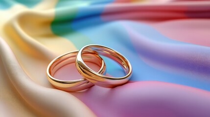 Two intertwined gold wedding rings placed on a vibrant rainbow flag symbolizing LGBT marriage rights