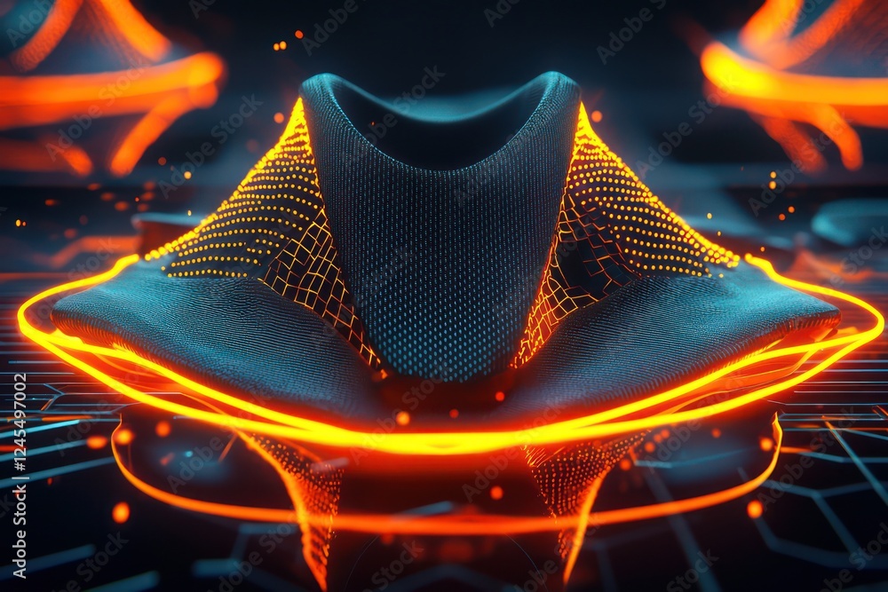Aufkleber triangular neon frame with glowing lines and floating shapes in a dark space.