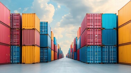 Fototapeta premium Rows of colorful shipping containers being loaded and unloaded at a large logistics hub terminal The image represents the global supply chain international trade