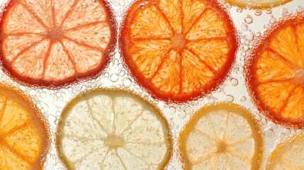 Slices of oranges in water on white background. Oranges close-up in liquid with bubbles. Slices of juicy ripe oranges in water. Macro image of fruits in water
