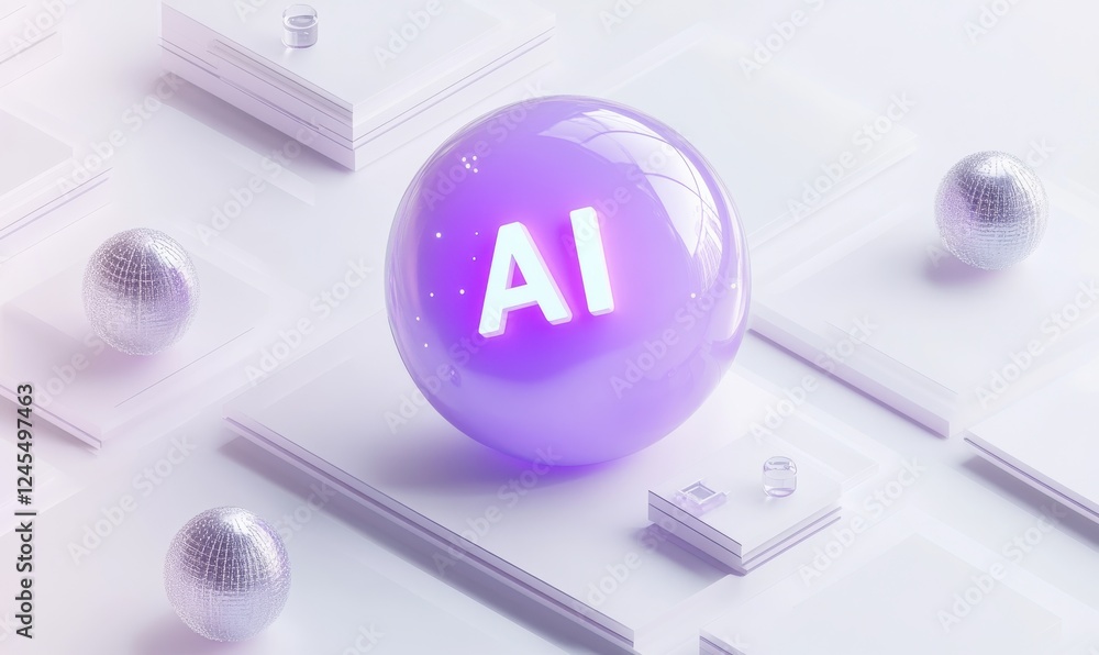 Poster abstract composition featuring a glossy ai sphere in a minimal design with geometric shapes, perfect