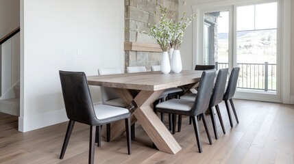 Fototapeta premium Modern dining room with wood table, mountain view