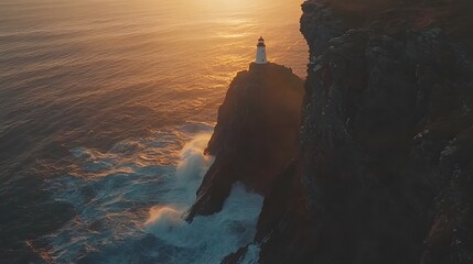 Lone figure on rocky cliff at sunset, scenic coastal views with crashing waves, ideal for adventure and exploration themes.