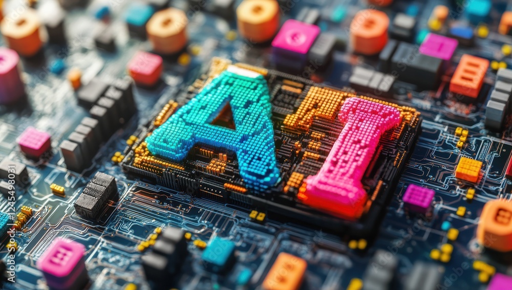 Aufkleber abstract digital artwork with vibrant letters ai on a complex circuit board displaying technology, i